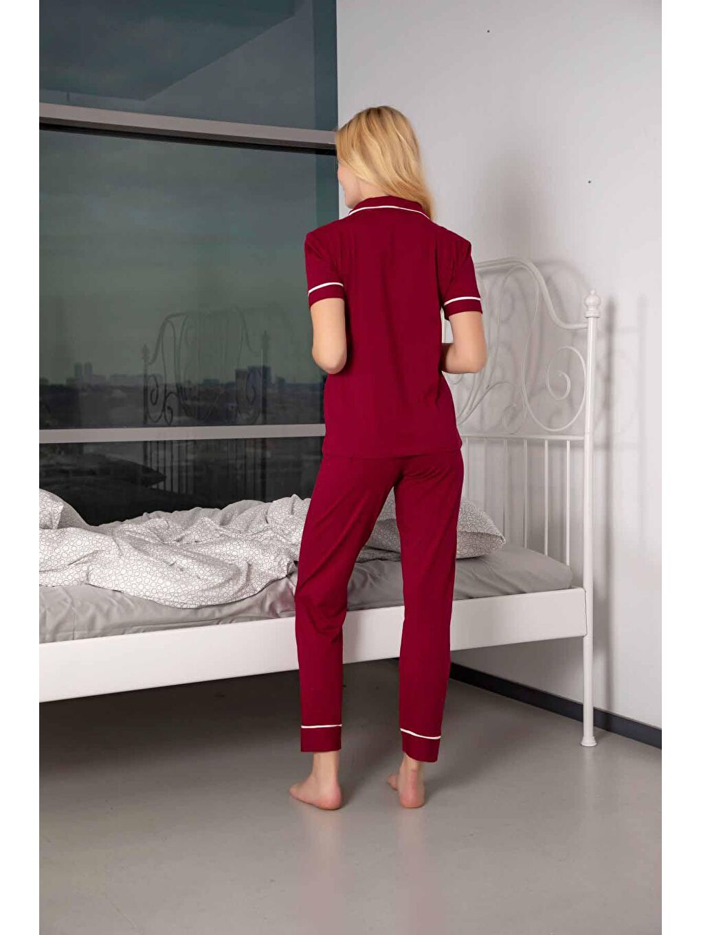 Bordo Kısa Kollu Pamuklu Düğmeli Biyeli Pijama Takım-3