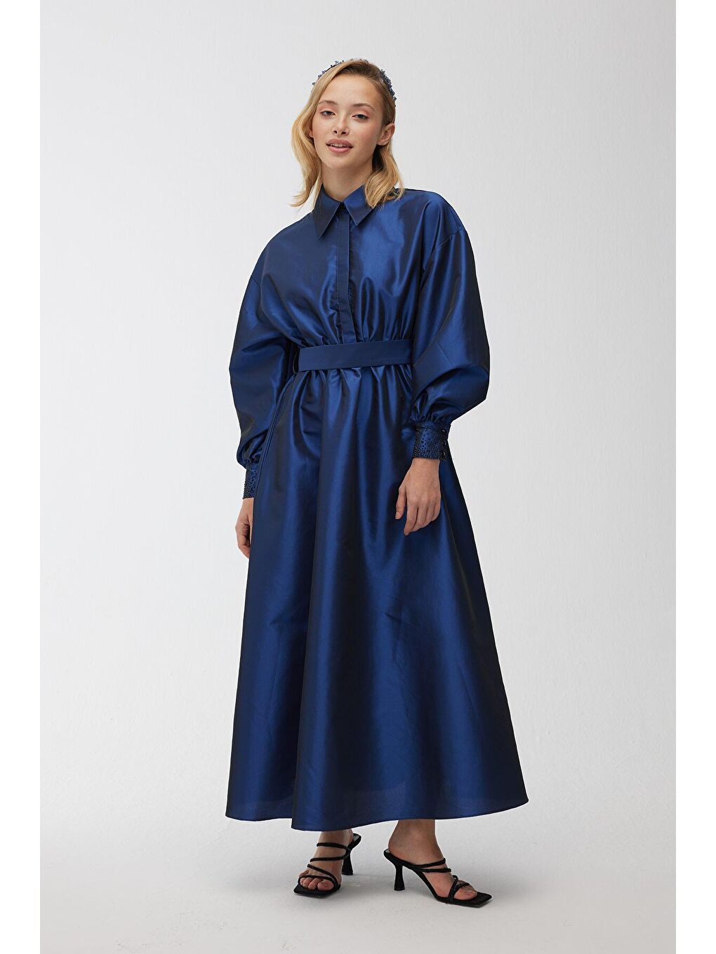 Taşlı Tafta Abiye Elbise Gece Mavisi-2