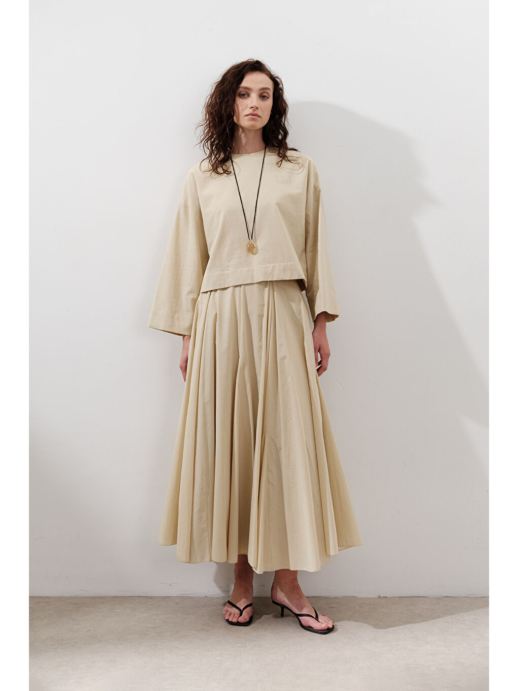 Parçalı Geniş Pamuklu Etek Pastel Sarı