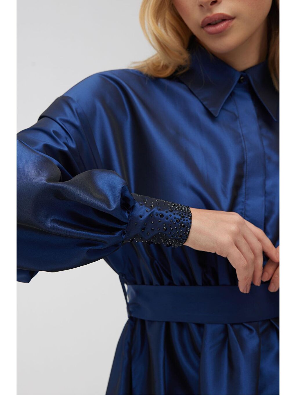 Taşlı Tafta Abiye Elbise Gece Mavisi-3