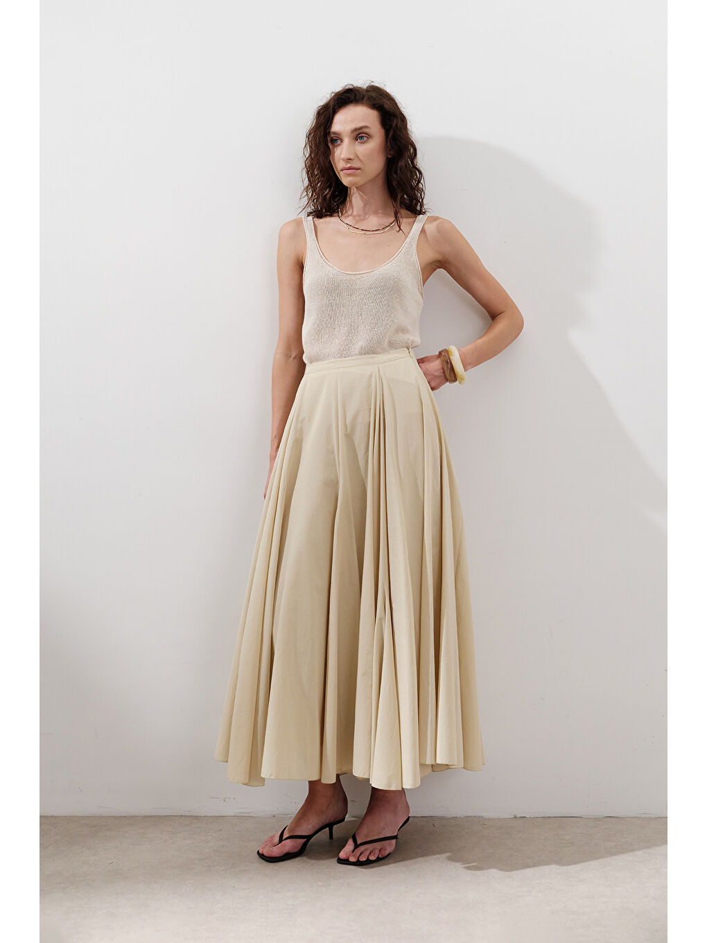 Parçalı Geniş Pamuklu Etek Pastel Sarı-1