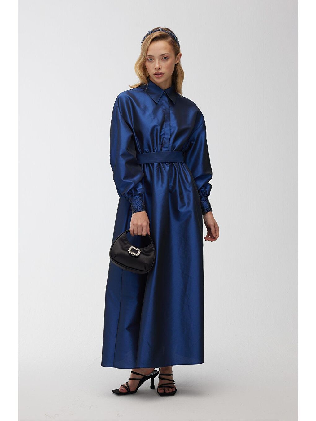 Taşlı Tafta Abiye Elbise Gece Mavisi-4