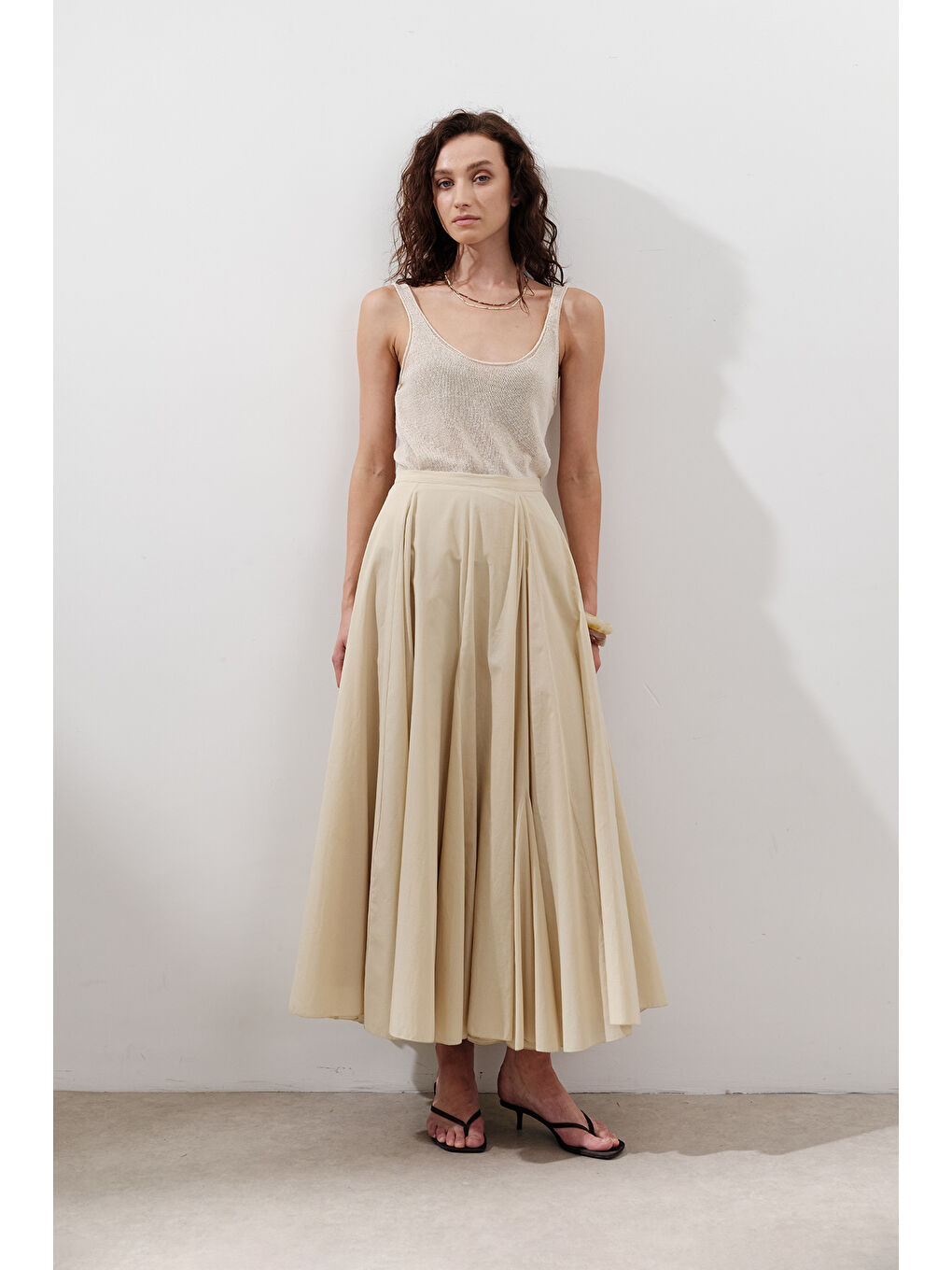 Parçalı Geniş Pamuklu Etek Pastel Sarı-2