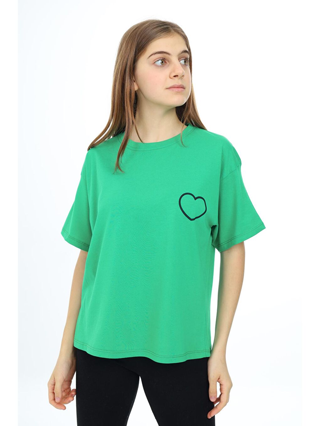 Yeşil Kız Çocuk Kalp Baskılı T-Shirt 9-14 Yaş Lx5013