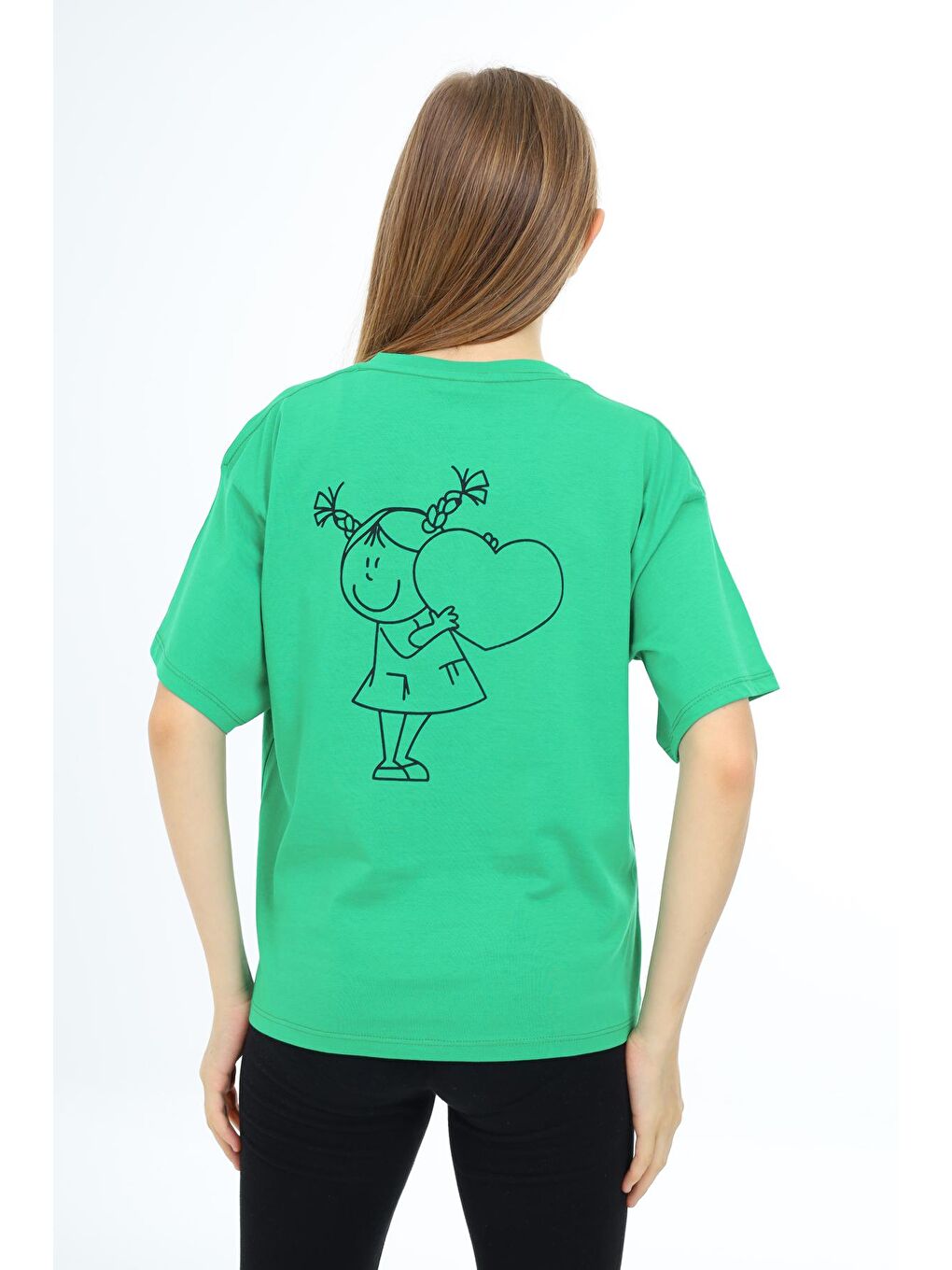Yeşil Kız Çocuk Kalp Baskılı T-Shirt 9-14 Yaş Lx5013-1