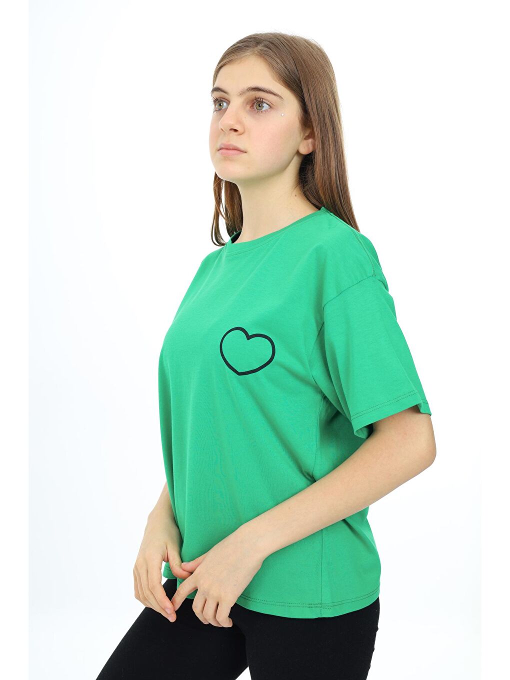 Yeşil Kız Çocuk Kalp Baskılı T-Shirt 9-14 Yaş Lx5013-2
