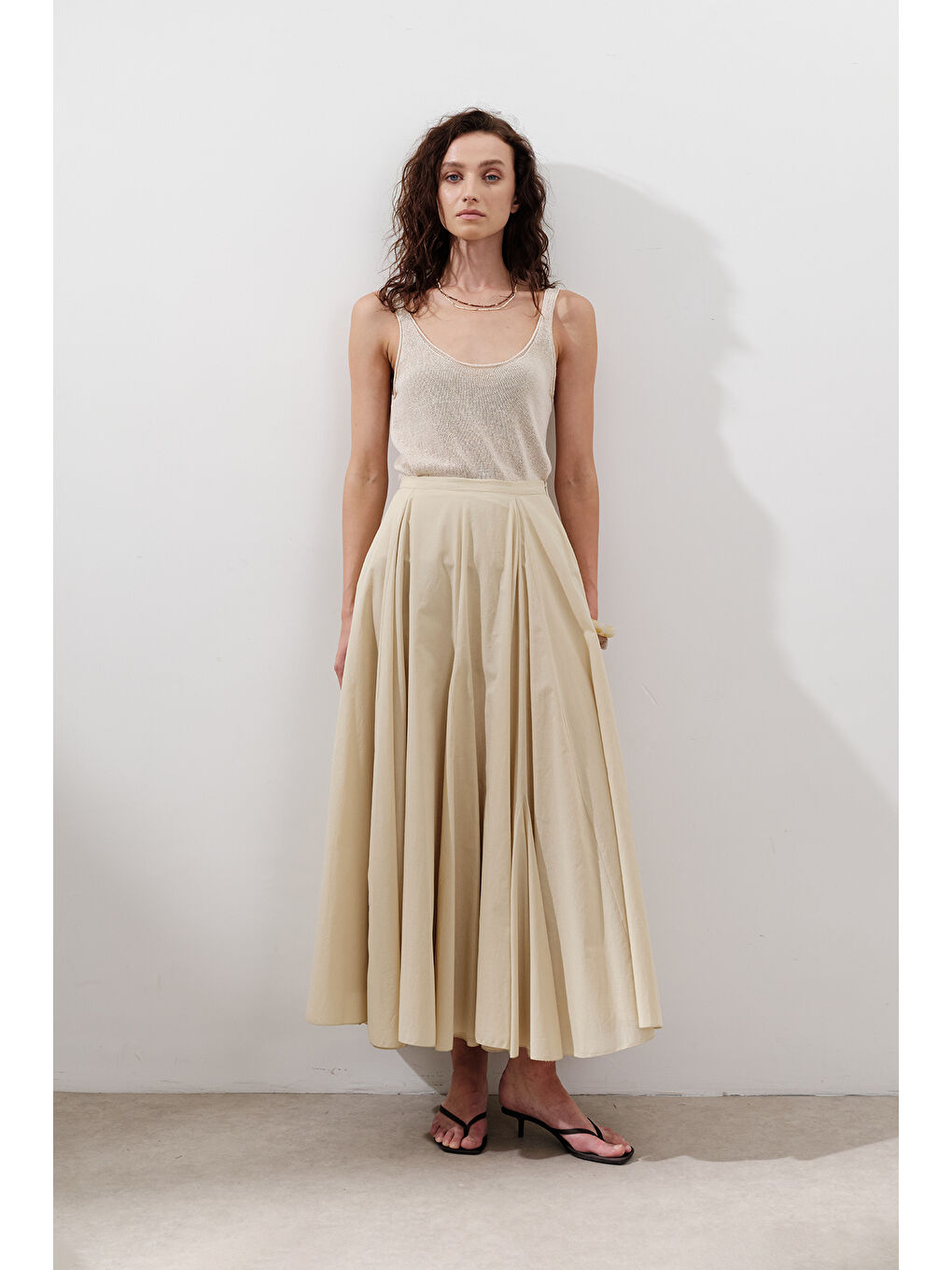 Parçalı Geniş Pamuklu Etek Pastel Sarı-4