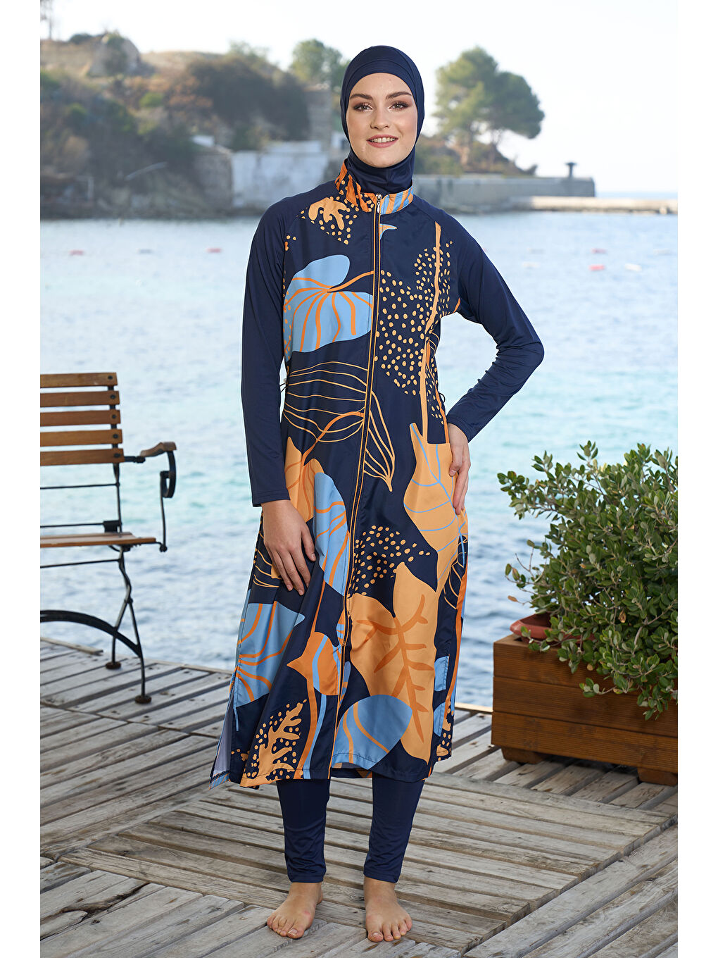 Uzun Tam Boy Tam Kapalı Tesettür Mayo 25981 Lacivert-4