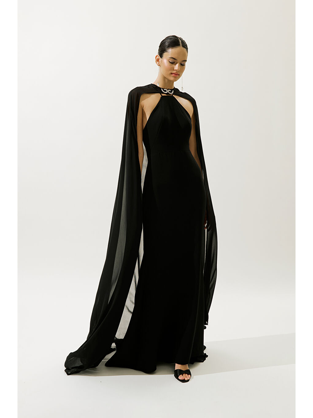 Frances Pelerinli Abiye Elbise Siyah-2