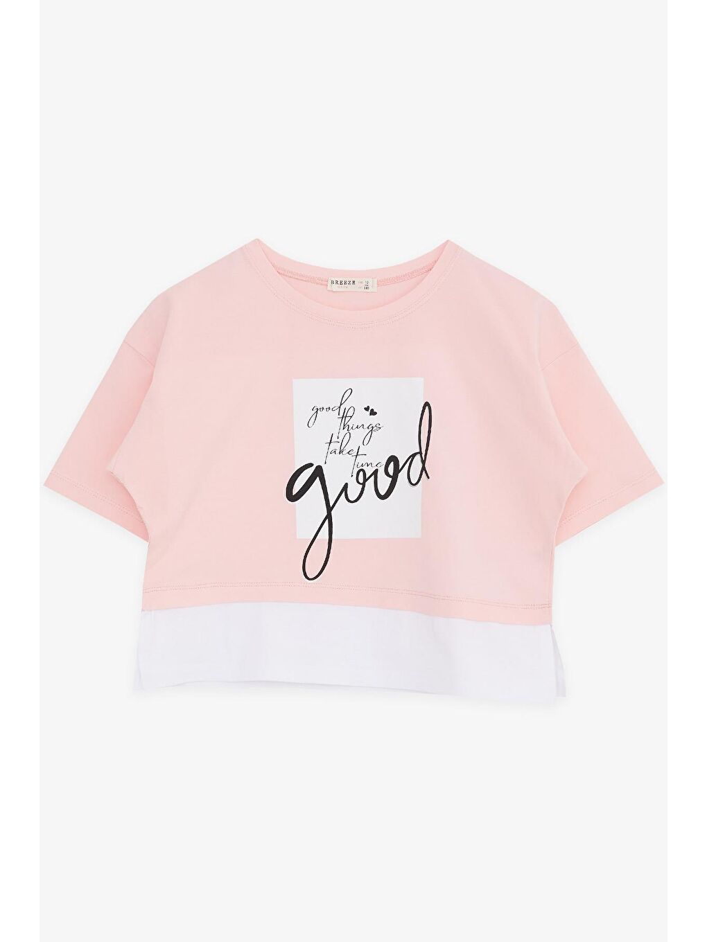 Kız Çocuk Crop Tişört Yazı Baskılı Yanları Yırtmaçlı Pembe (9-14 Yaş)-4