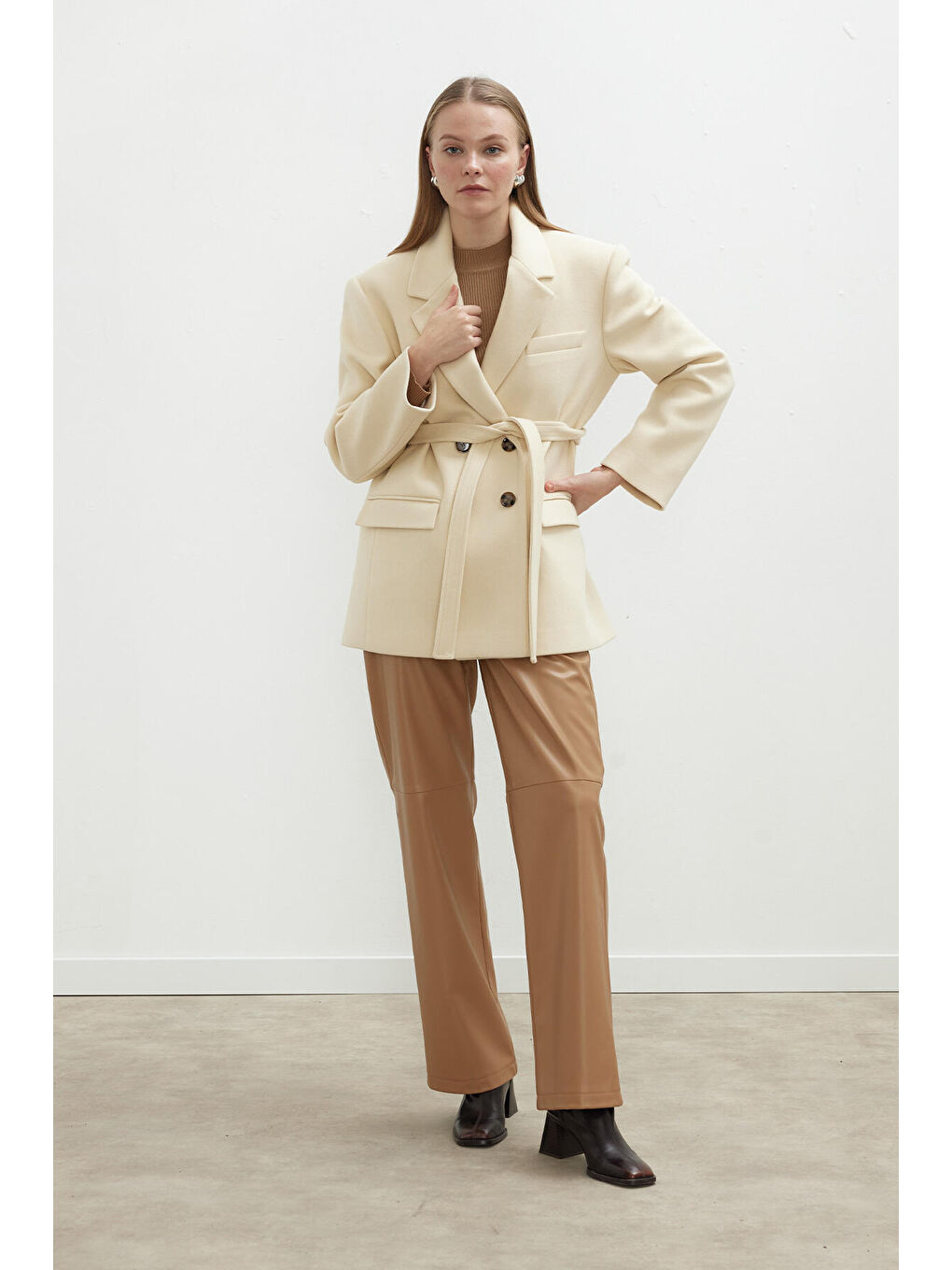 Kahverengi Deri Palazzo Paça Pantolon Camel