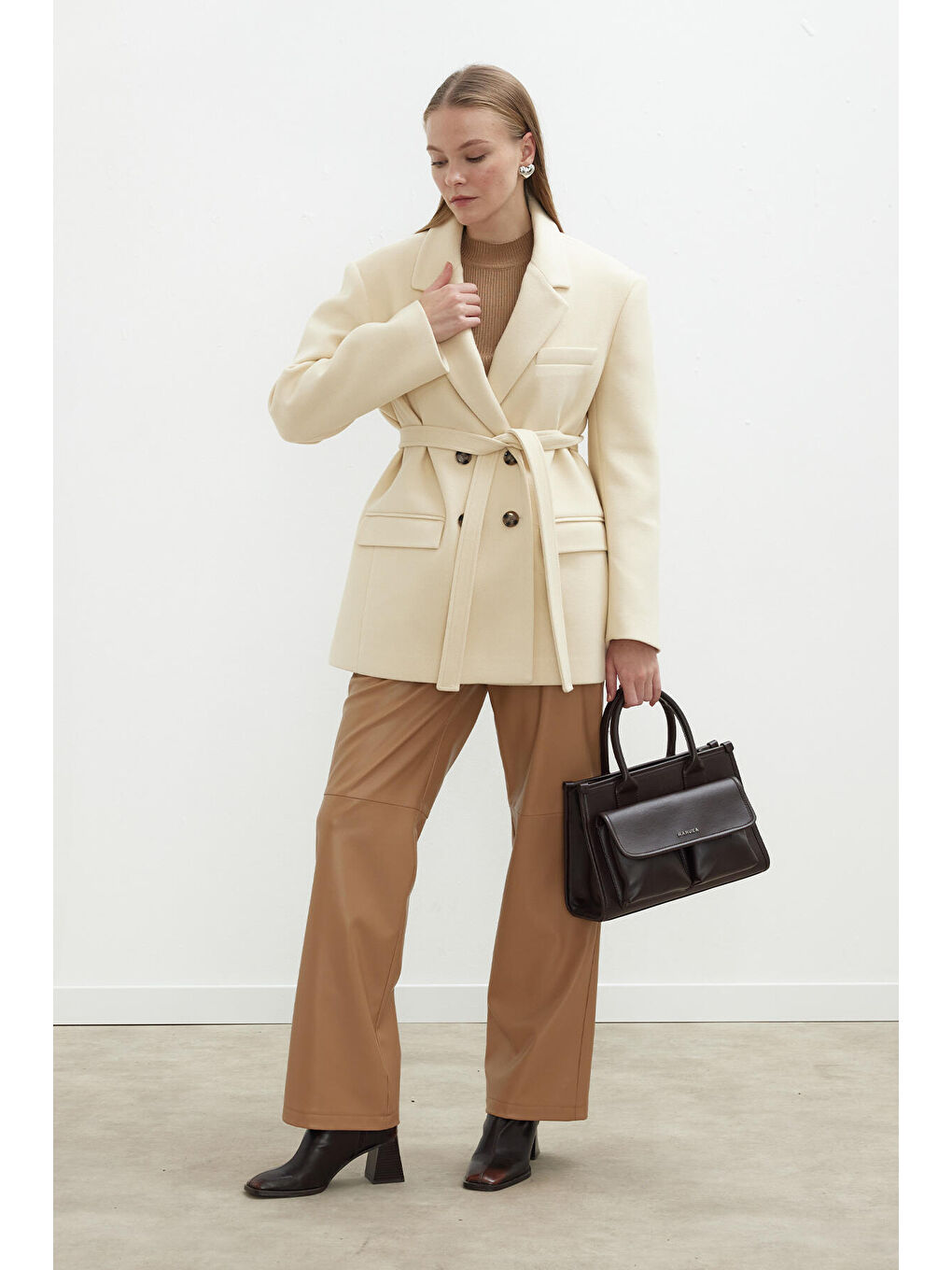 Kahverengi Deri Palazzo Paça Pantolon Camel-1