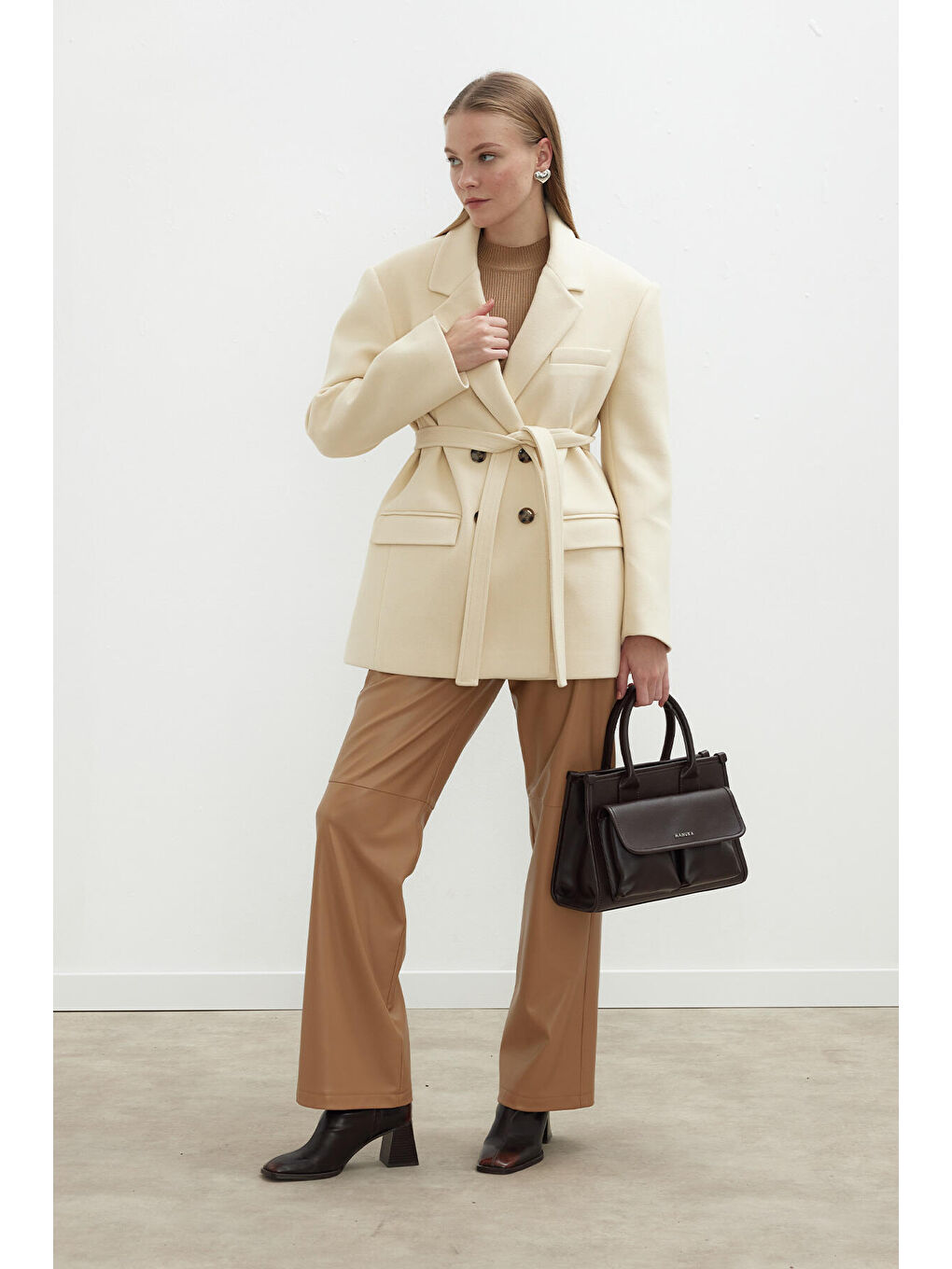 Kahverengi Deri Palazzo Paça Pantolon Camel-2