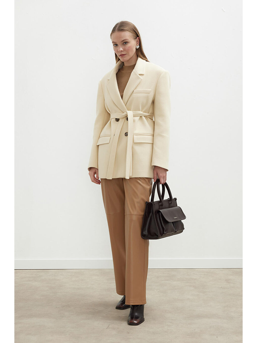 Kahverengi Deri Palazzo Paça Pantolon Camel-3