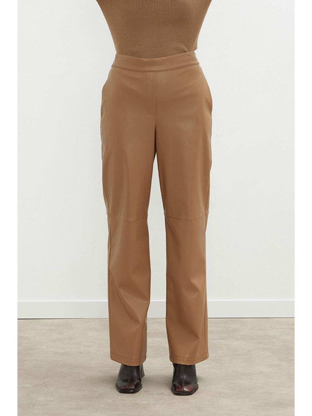 Kahverengi Deri Palazzo Paça Pantolon Camel-4