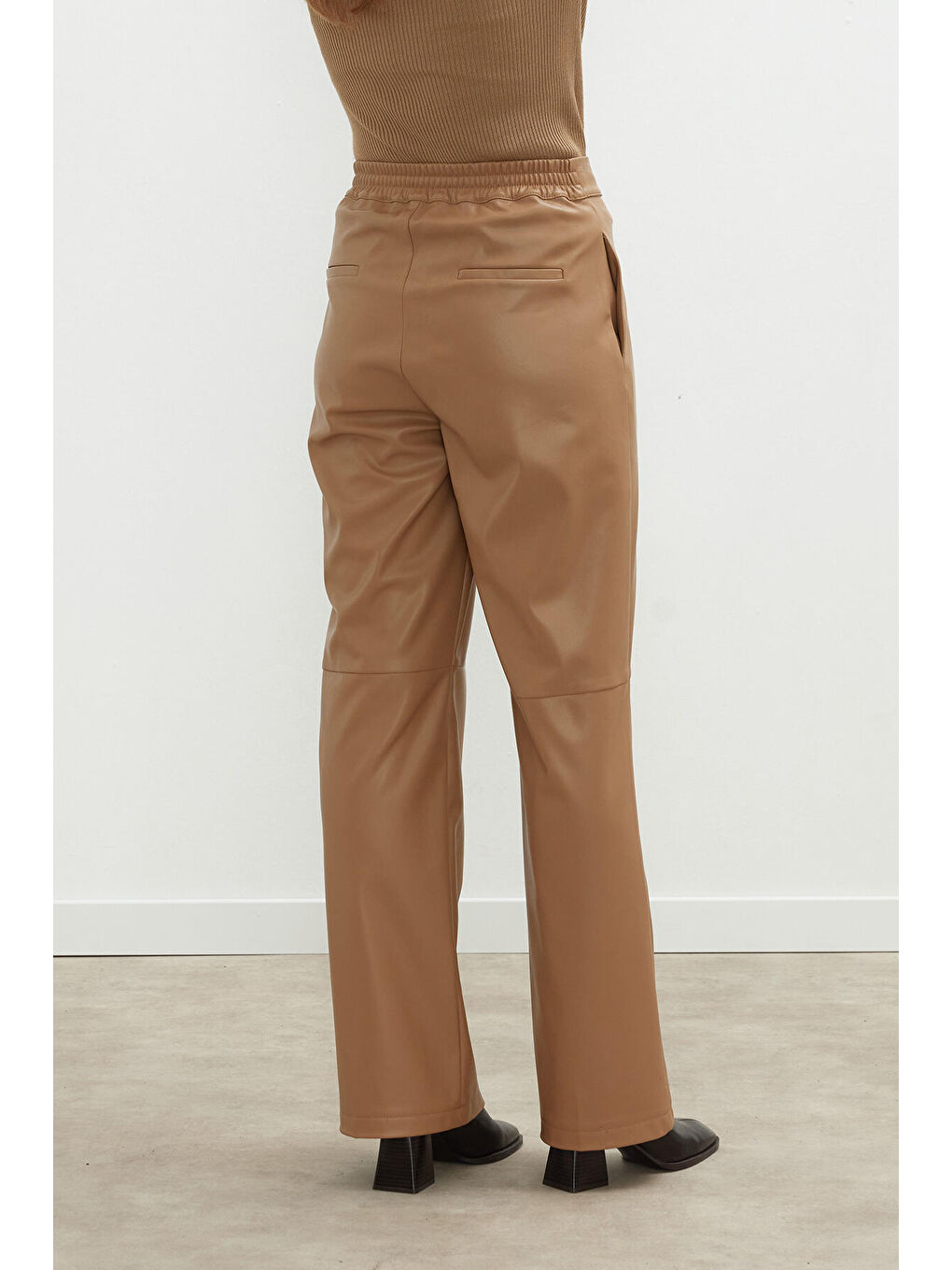 Kahverengi Deri Palazzo Paça Pantolon Camel-6