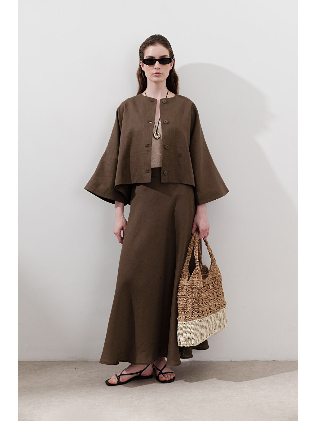 Kahverengi Keten Geniş Kollu Kısa Ceket Tozlu Kahve-2