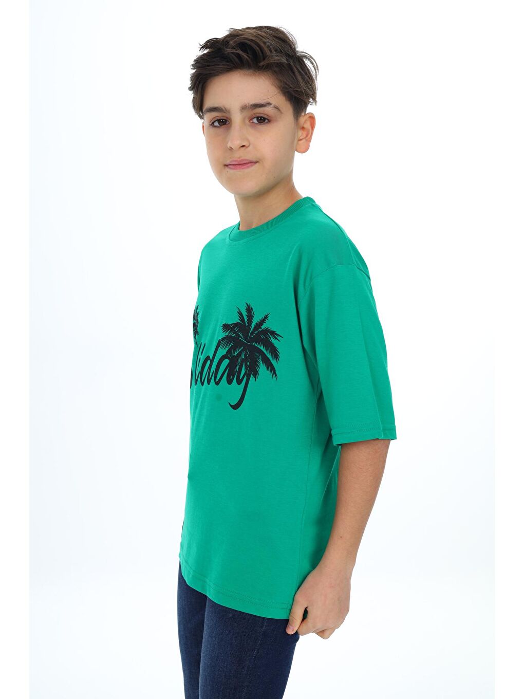 Yeşil Erkek Çocuk Holiday Baskılı T-Shirt 9-14 Yaş-1