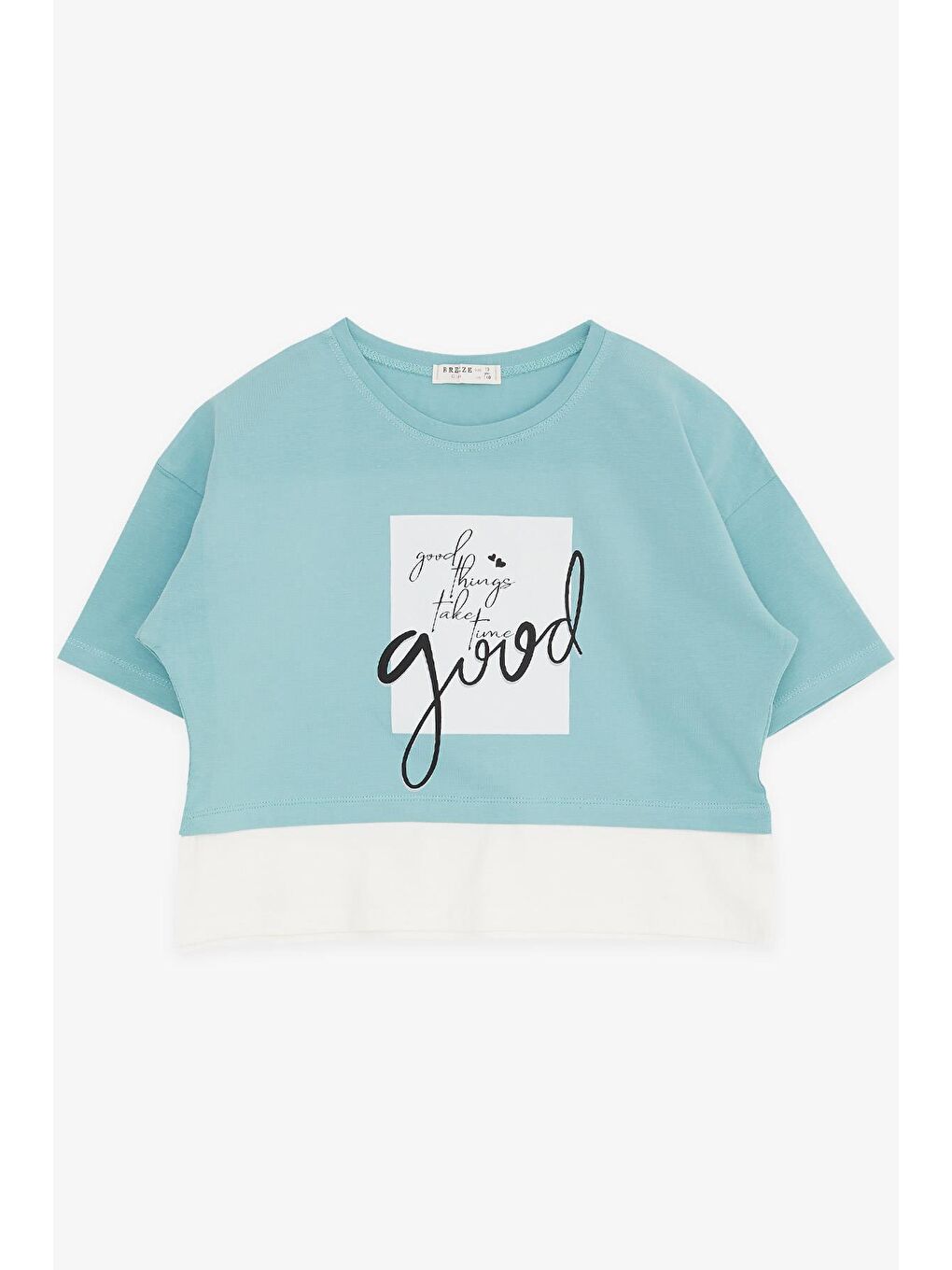 Turkuaz Kız Çocuk Crop Tişört Yazı Baskılı Yanları Yırtmaçlı Mint Yeşili (9-14 Yaş)