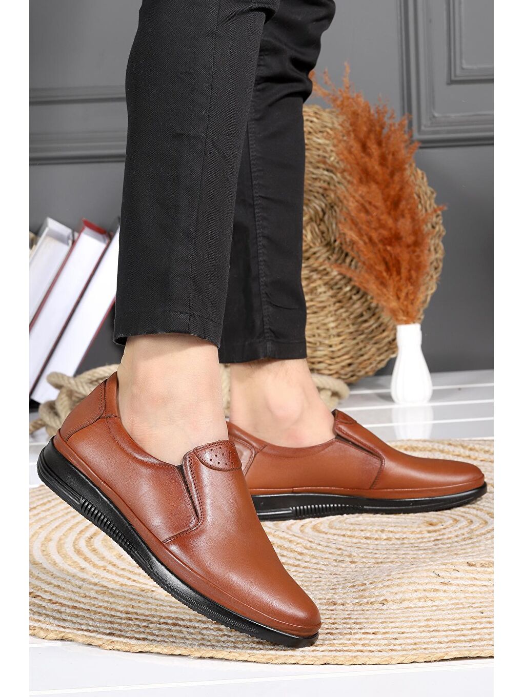 Kahverengi %100 Deri Kauçuk Taban Erkek Comfort Ayakkabı 2003 Rdw