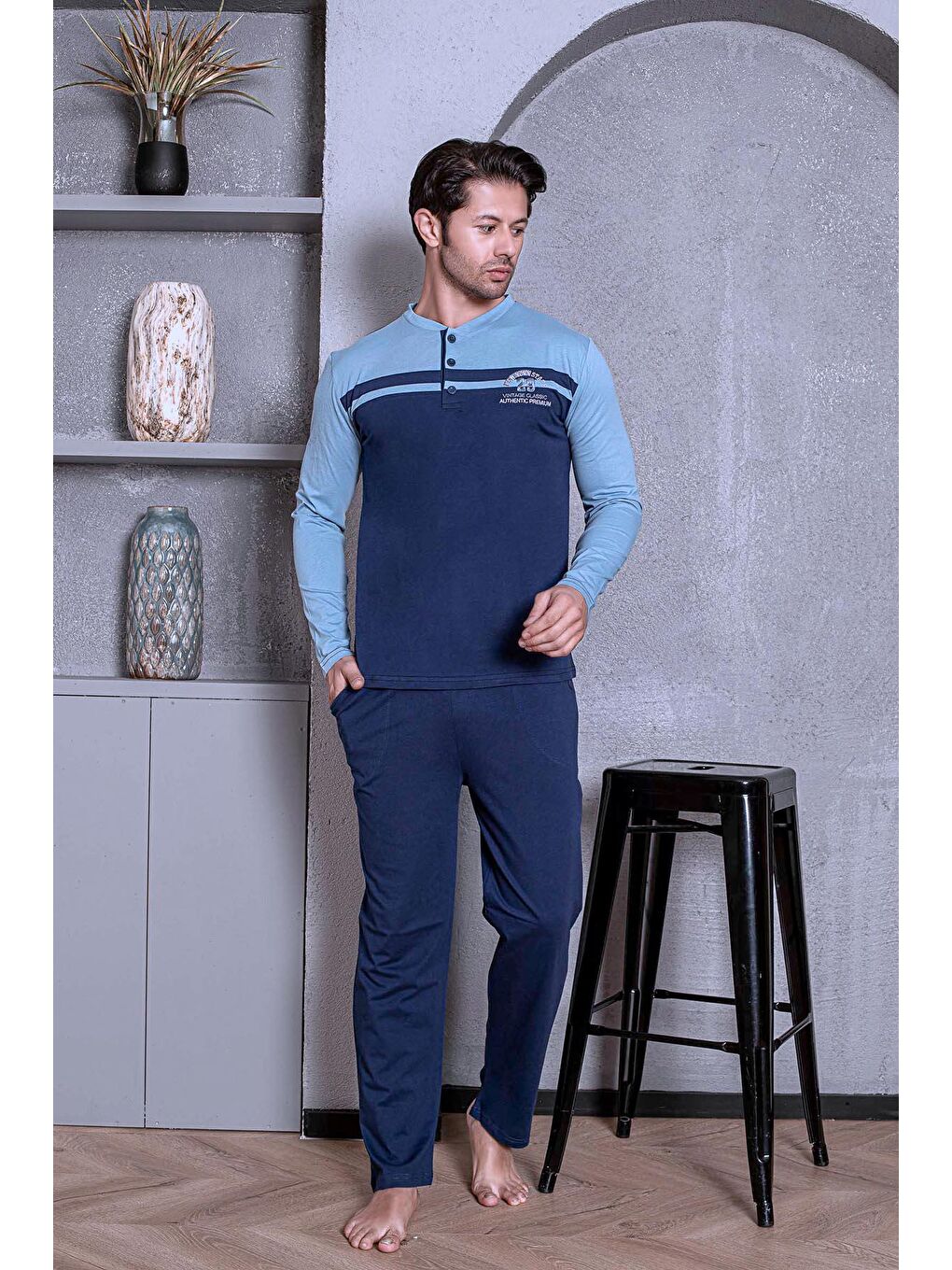 Mavi Erkek Pijama Takımı Uzun Kol Süprem Önü Parçalı Pamuklu Mevsimlik