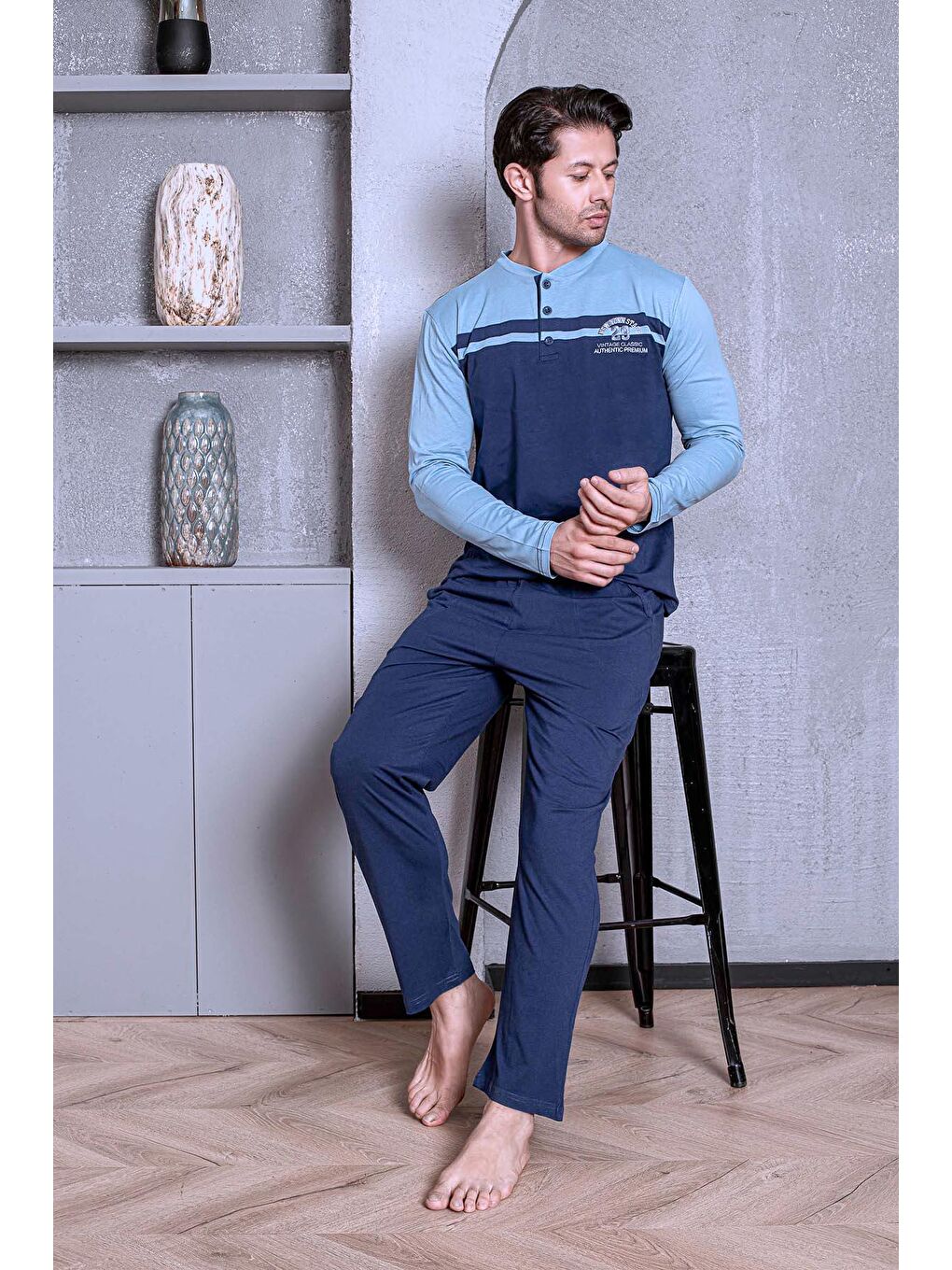 Mavi Erkek Pijama Takımı Uzun Kol Süprem Önü Parçalı Pamuklu Mevsimlik-1