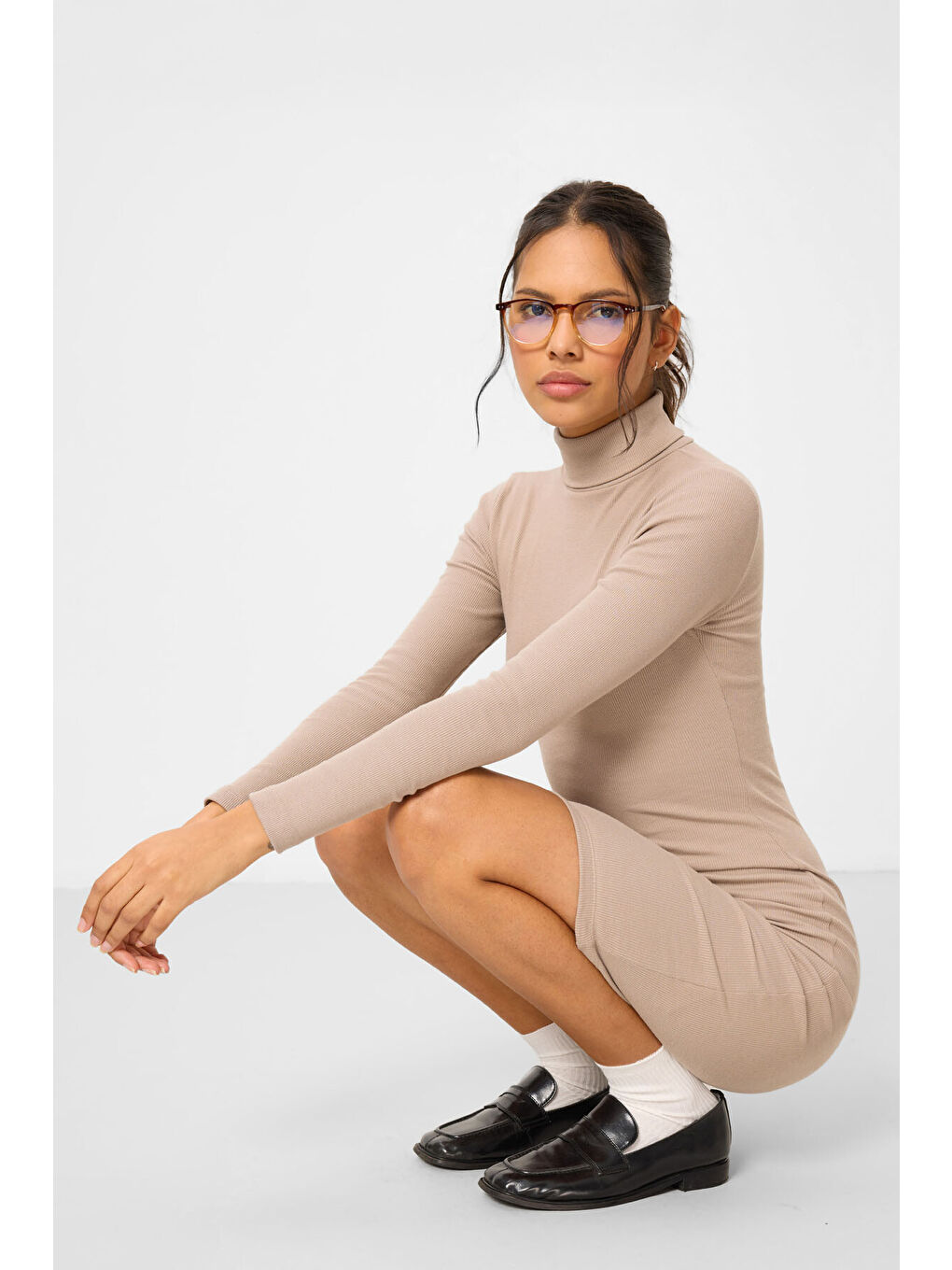 Bej Kaşkorse Triko Dar Kalıp Balıkçı Yaka Kadın Elbise - 97117