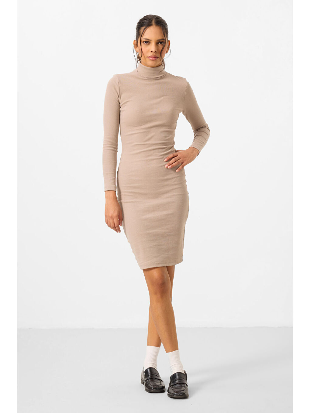 Bej Kaşkorse Triko Dar Kalıp Balıkçı Yaka Kadın Elbise - 97117-2