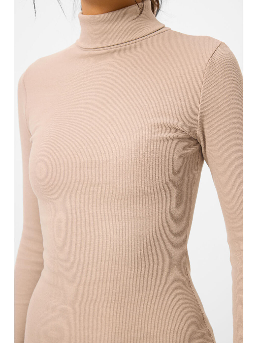 Bej Kaşkorse Triko Dar Kalıp Balıkçı Yaka Kadın Elbise - 97117-8