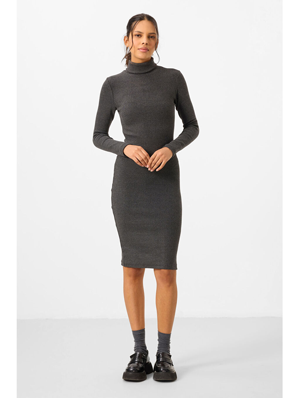 Antrasit Melanj Kaşkorse Triko Dar Kalıp Balıkçı Yaka Kadın Elbise - 97117-4