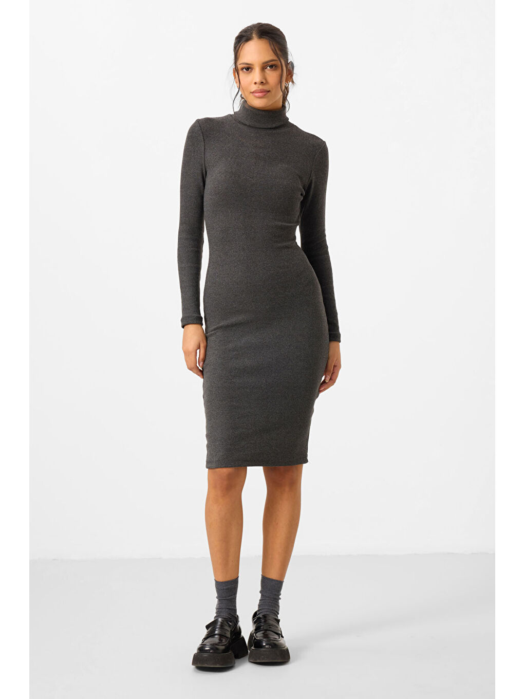 Antrasit Melanj Kaşkorse Triko Dar Kalıp Balıkçı Yaka Kadın Elbise - 97117-6