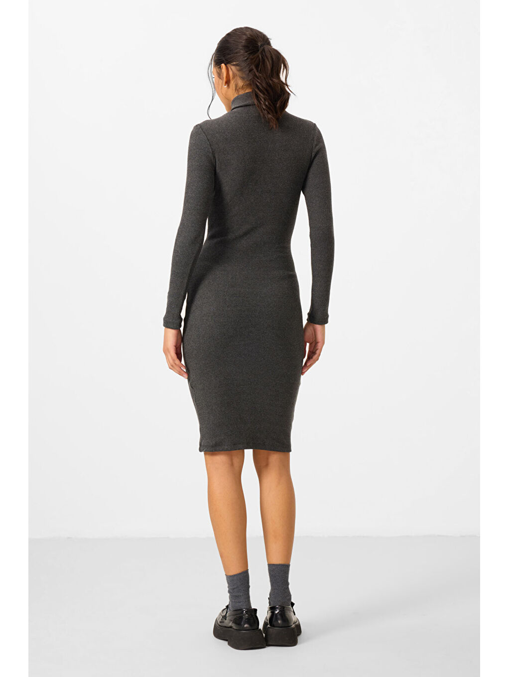 Antrasit Melanj Kaşkorse Triko Dar Kalıp Balıkçı Yaka Kadın Elbise - 97117-8