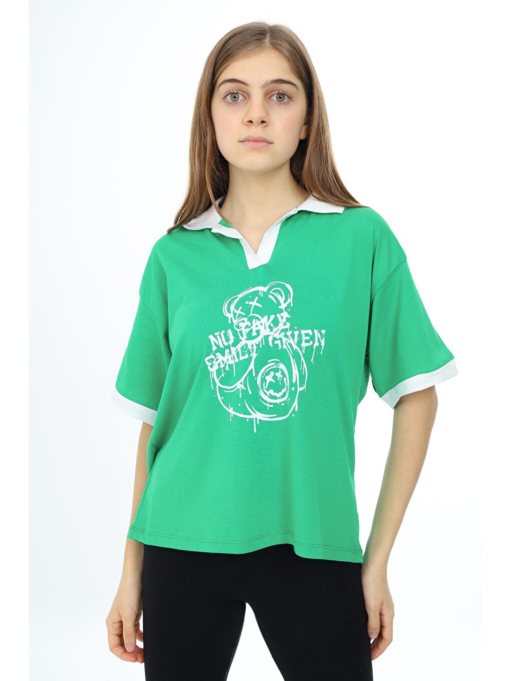 Yeşil Kız Çocuk Polo Yaka Garnili T-Shirt 9-14 Yaş Lx018