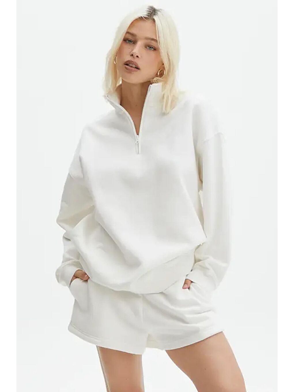 Madmext Ekru Fermuar Detaylı Oversize Sweatshirt MG1933