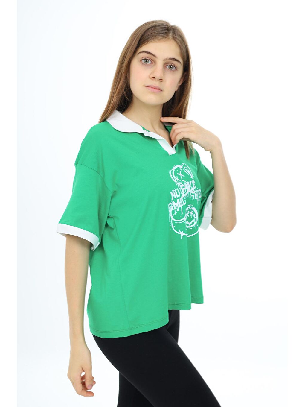 Yeşil Kız Çocuk Polo Yaka Garnili T-Shirt 9-14 Yaş Lx018-1