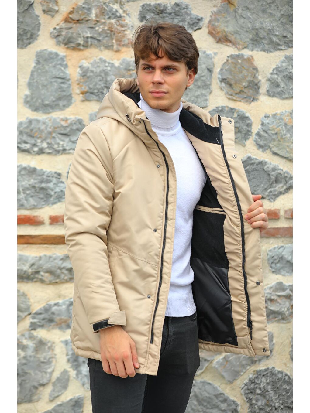 Bej Erkek Kürklü Su ve Rüzgara Dayanıklı Kapüşonlu Kışlık Parka PA-170-3