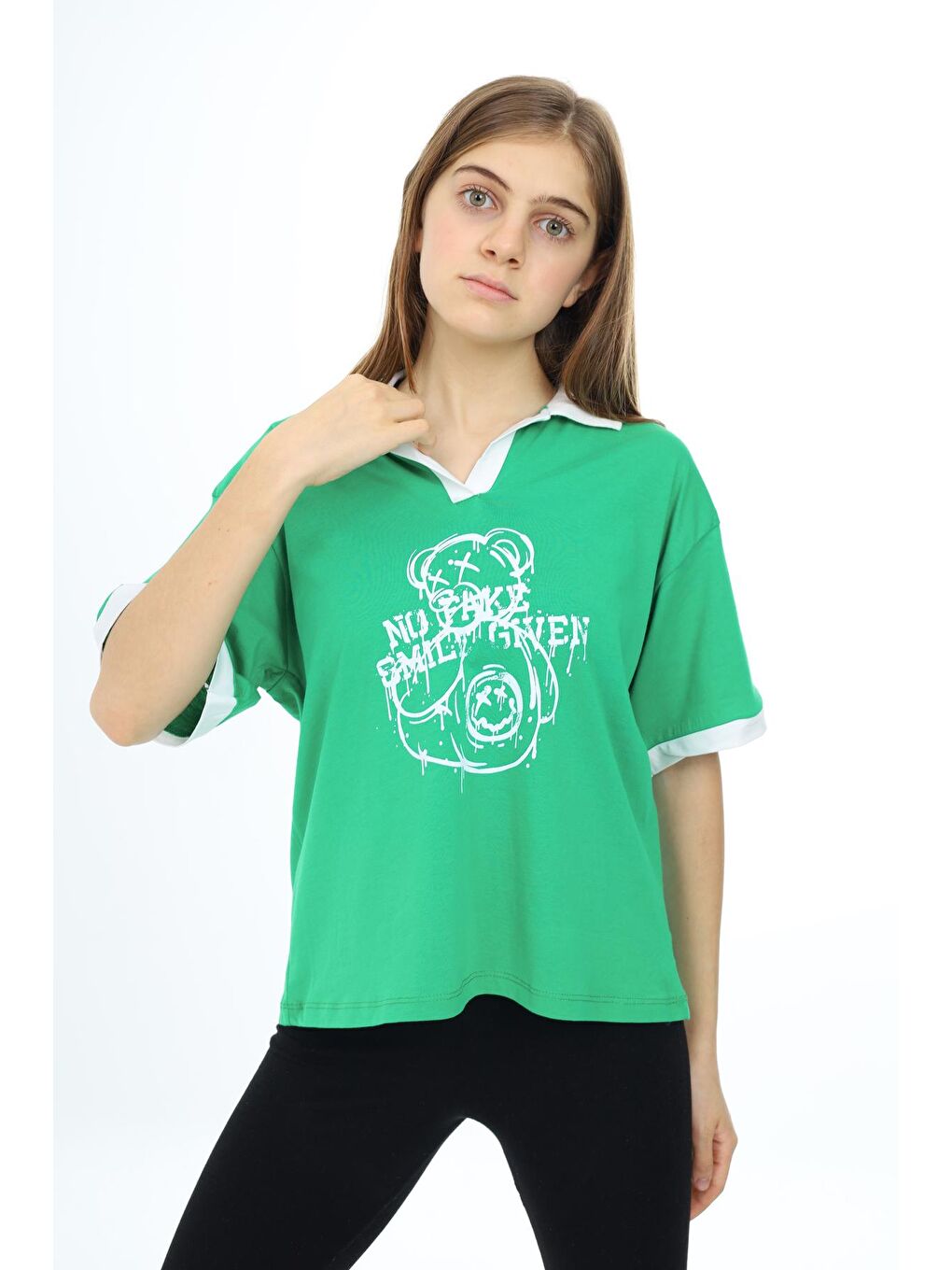 Yeşil Kız Çocuk Polo Yaka Garnili T-Shirt 9-14 Yaş Lx018-2