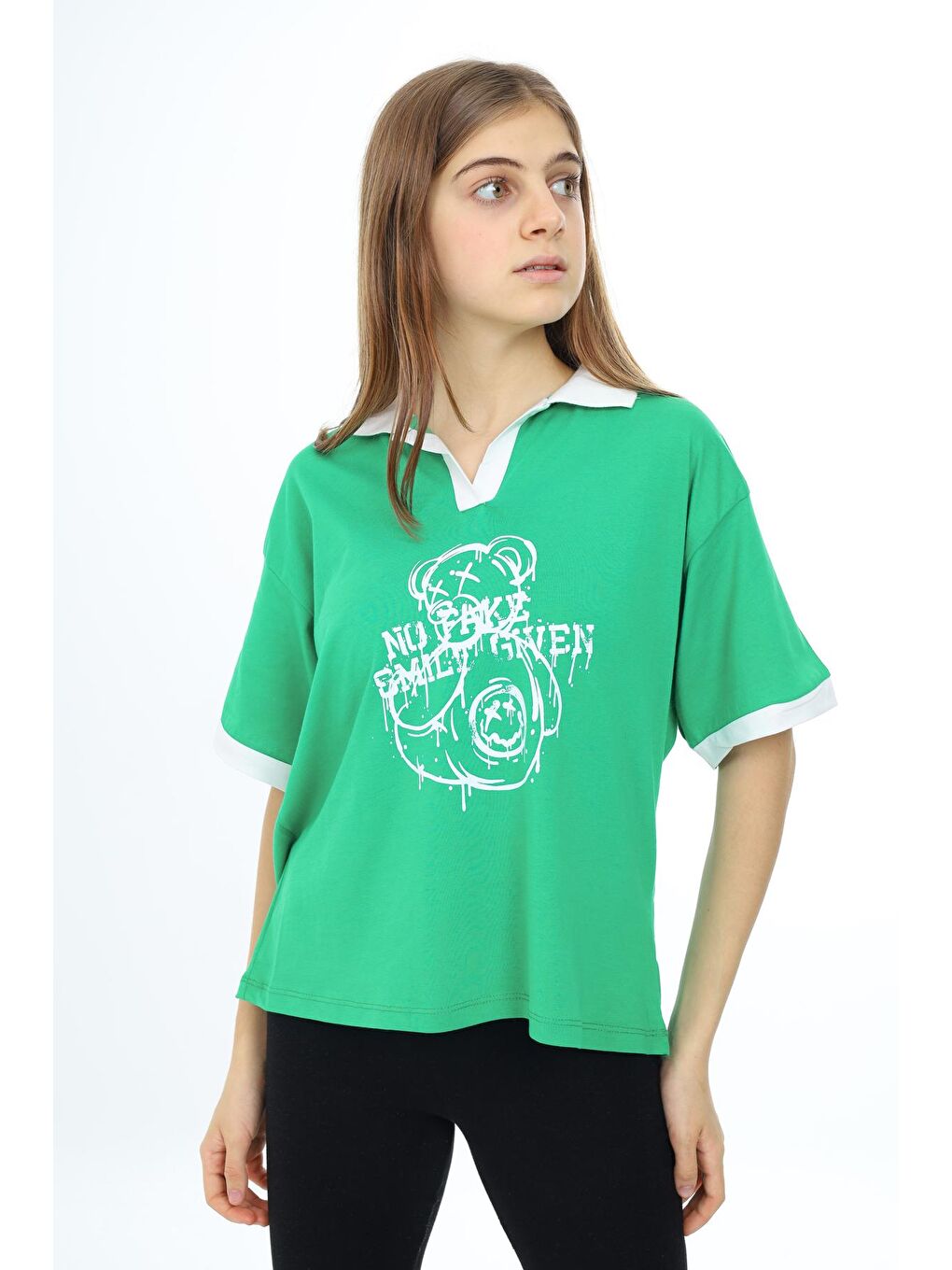 Yeşil Kız Çocuk Polo Yaka Garnili T-Shirt 9-14 Yaş Lx018-3