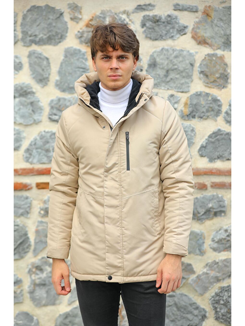 Bej Erkek Kürklü Su ve Rüzgara Dayanıklı Kapüşonlu Kışlık Parka PA-170-4