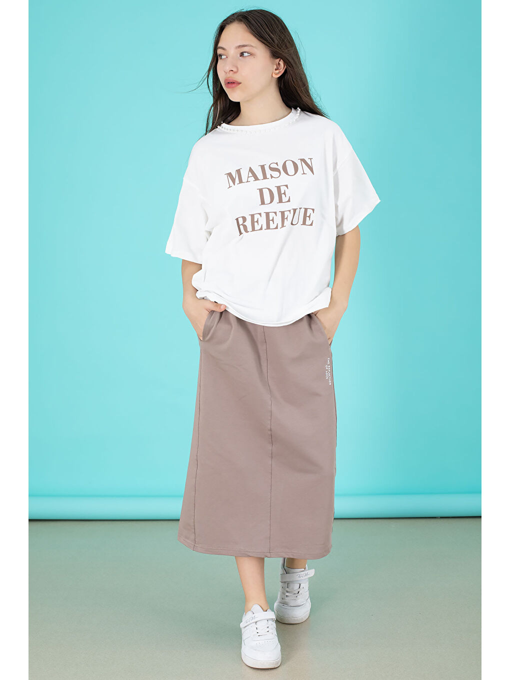 Kahverengi Kız Çocuk Etekli Baskılı Tişörtlü Takım 20507-2