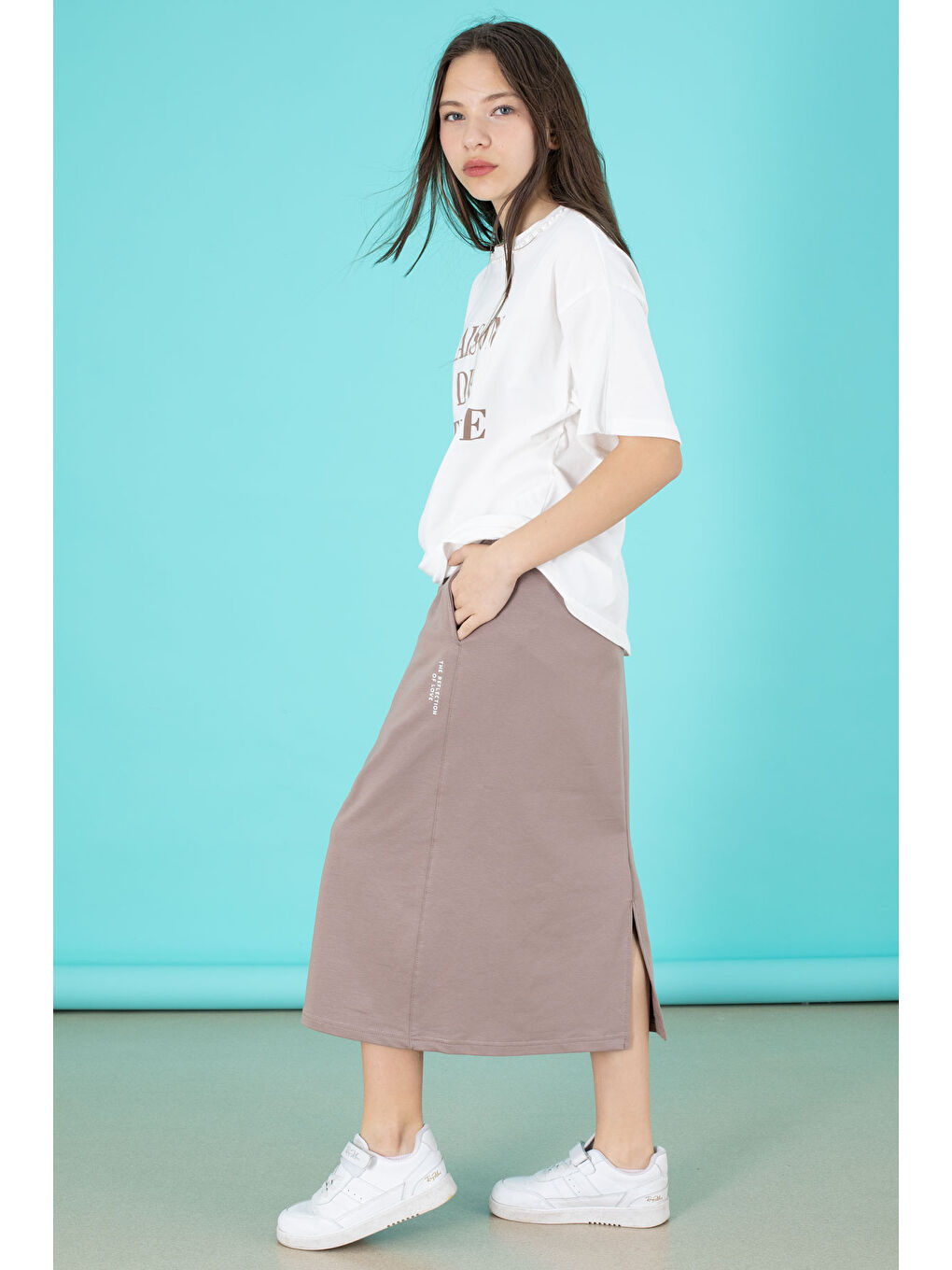 Kahverengi Kız Çocuk Etekli Baskılı Tişörtlü Takım 20507-3