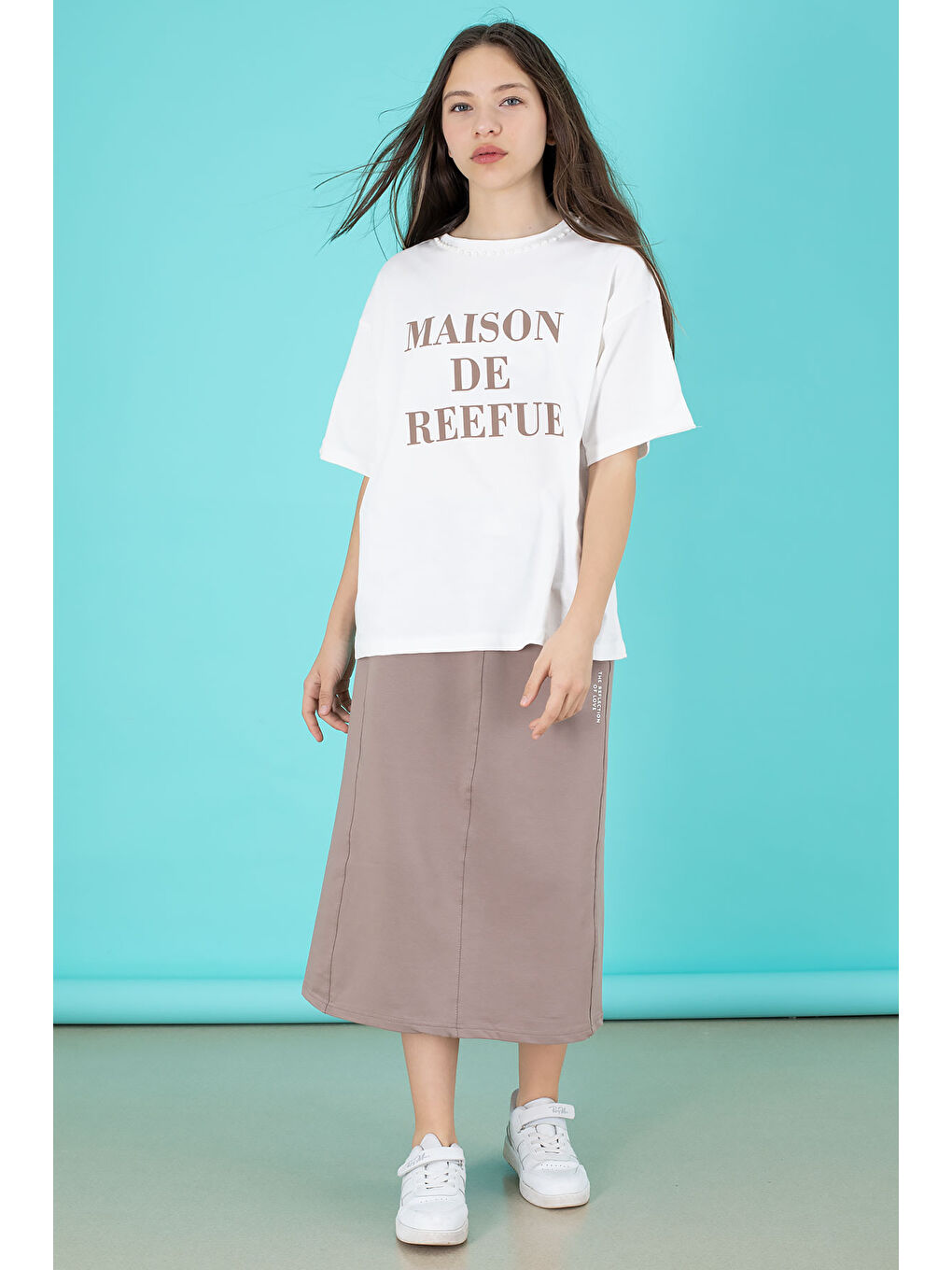 Kahverengi Kız Çocuk Etekli Baskılı Tişörtlü Takım 20507-4