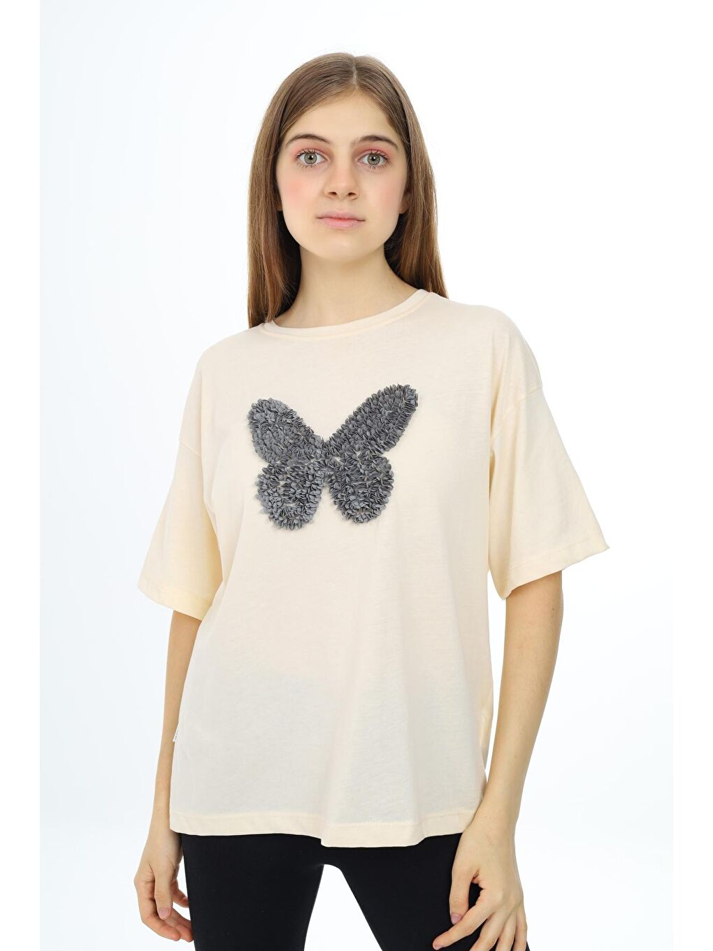 Ekru Kız Çocuk Kelebek Baskılı T-Shirt 9-14 Yaş Px037