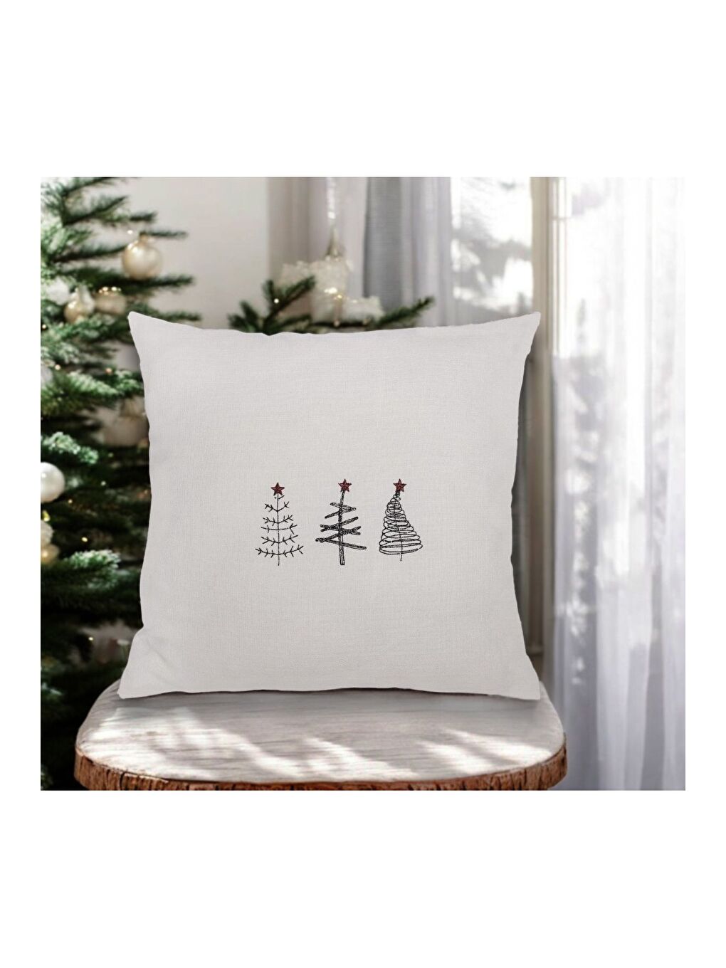 Bej Nakışlı Çam Ağaç Desen 45x45 Dekoratif Kırlent Kılıfı Krem