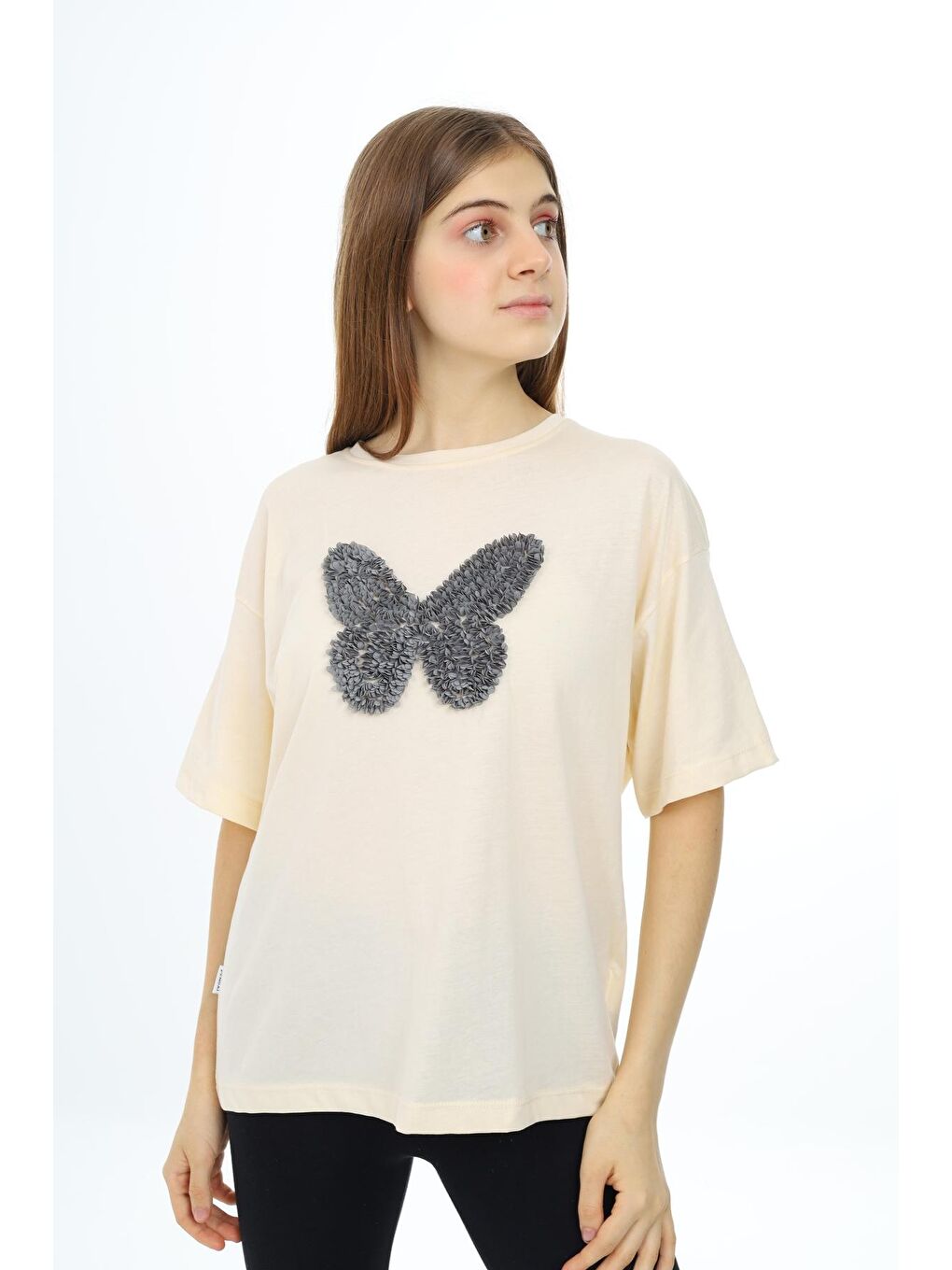 Ekru Kız Çocuk Kelebek Baskılı T-Shirt 9-14 Yaş Px037-1