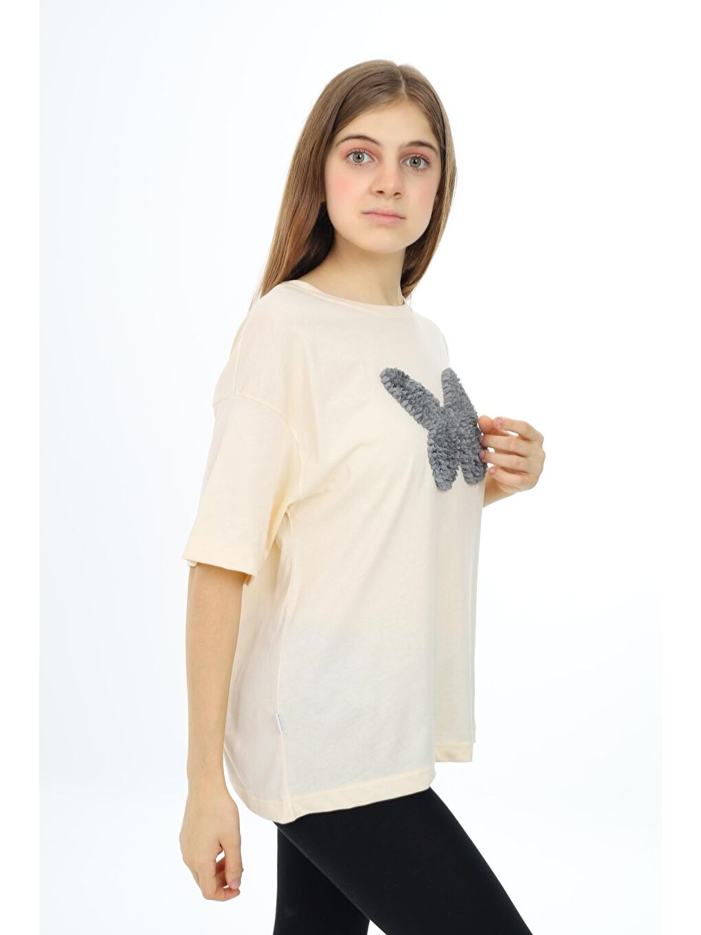 Ekru Kız Çocuk Kelebek Baskılı T-Shirt 9-14 Yaş Px037-2