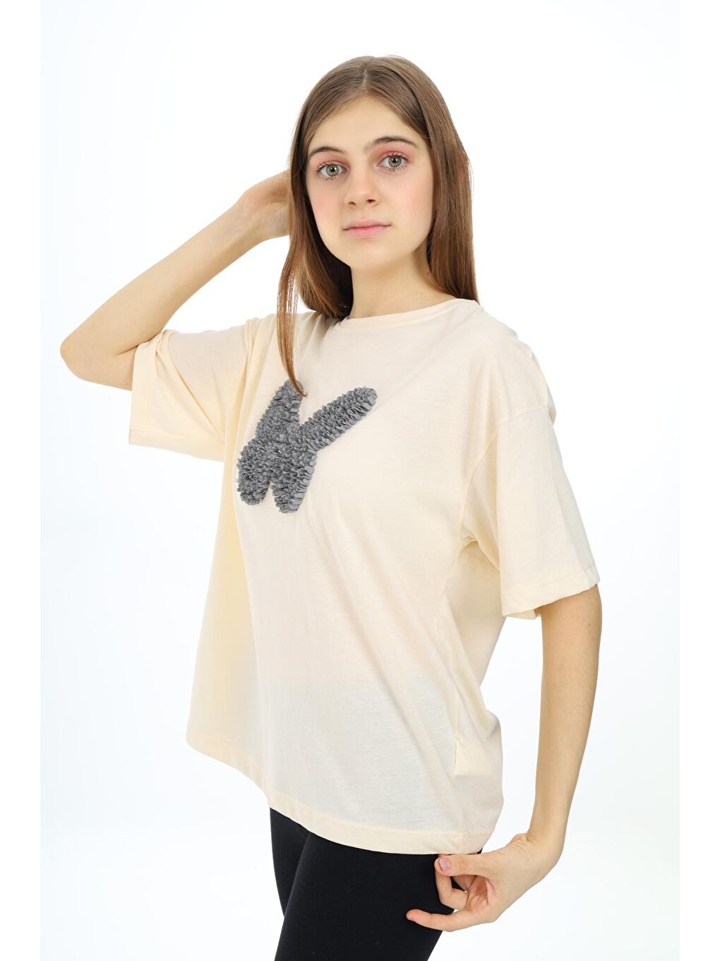 Ekru Kız Çocuk Kelebek Baskılı T-Shirt 9-14 Yaş Px037-3