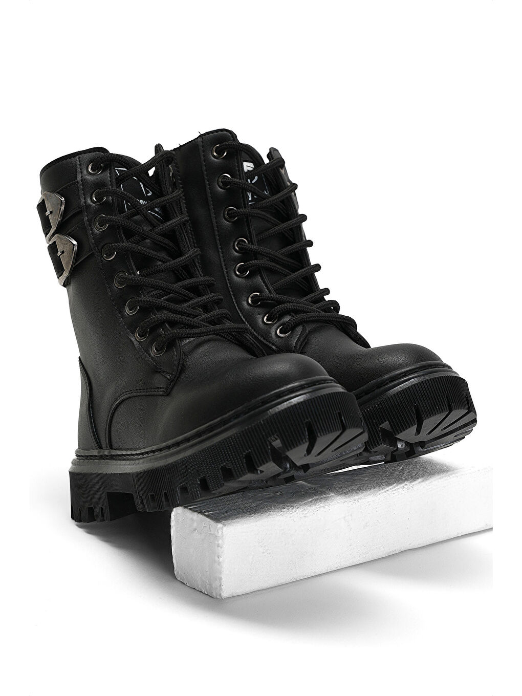 Kız Çocuk Siyah Cilt Termo Taban Yanı Toka Detaylı Bağcıklı ve Fermuarlı Uzun Bot-1