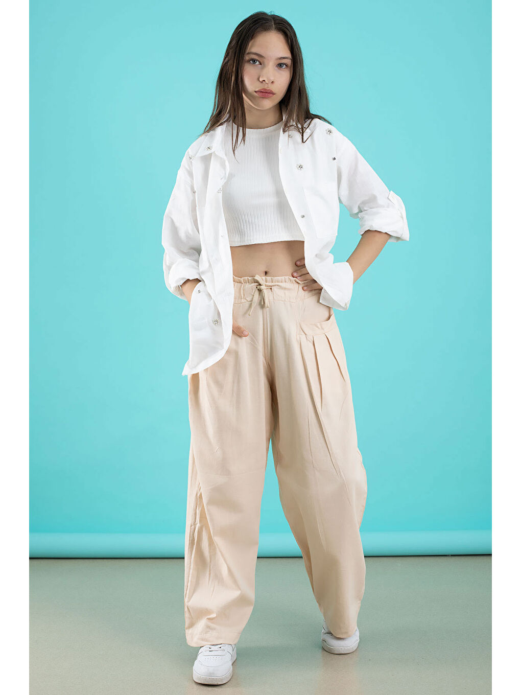 Ekru Krem Kız Çocuk Croplu Taşlı Gömlek ve Pantolonlu 3'lü Takım 20509