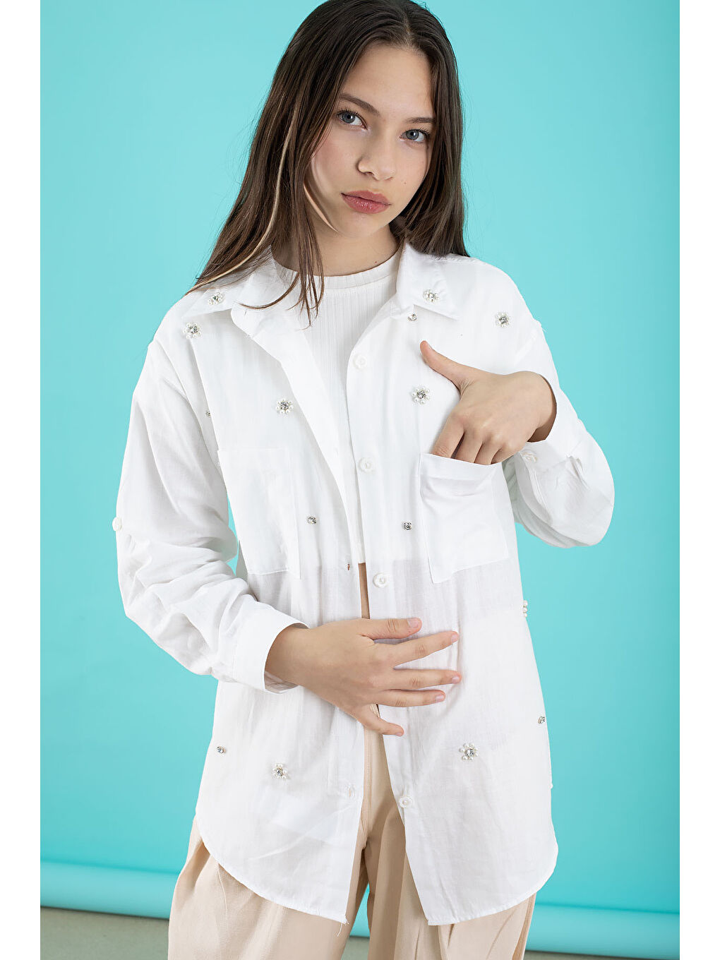 Ekru Krem Kız Çocuk Croplu Taşlı Gömlek ve Pantolonlu 3'lü Takım 20509-2